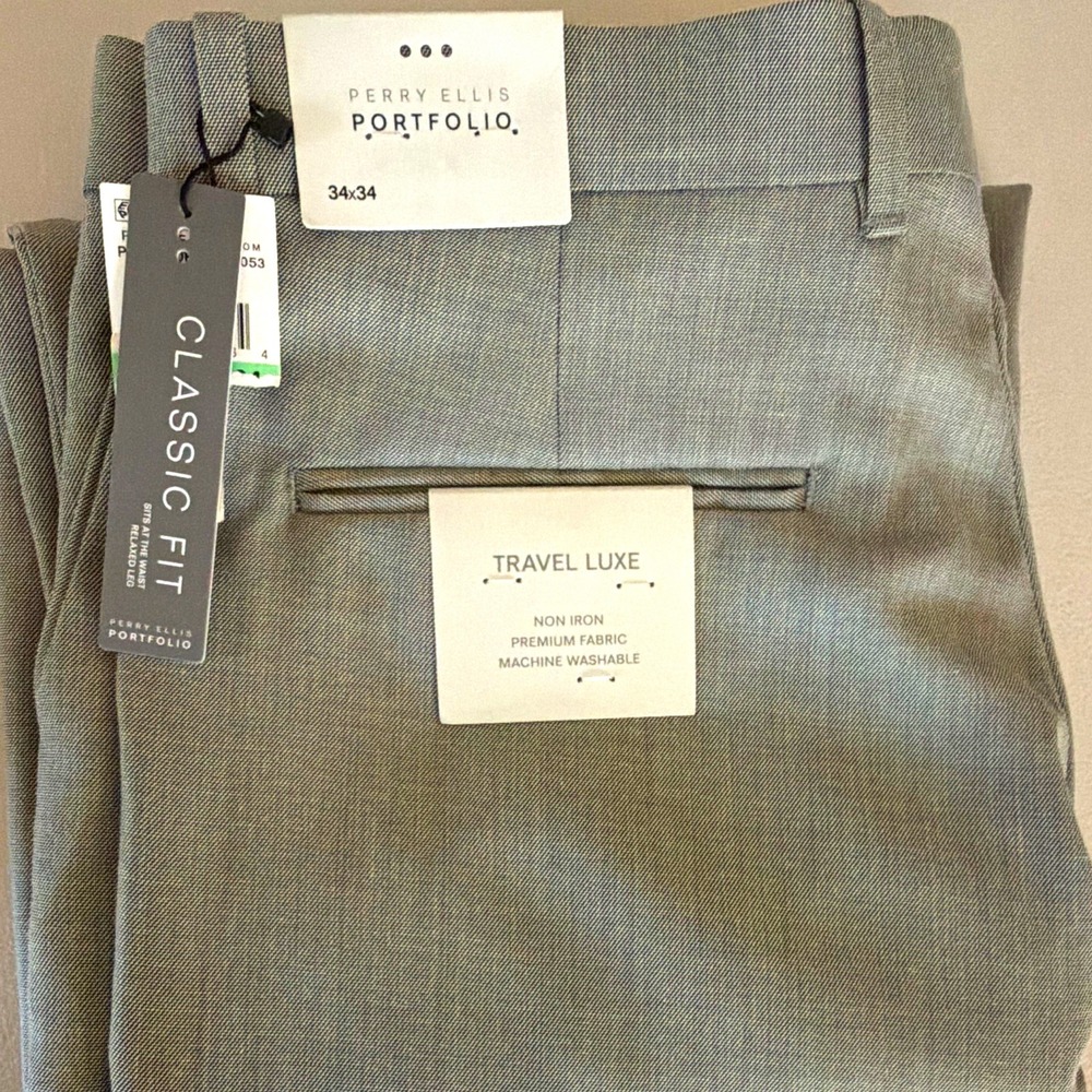 NWT Perry Ellis Portfolio Travel Non Iron Classic Fit Relaxed Gray Pants 34x32